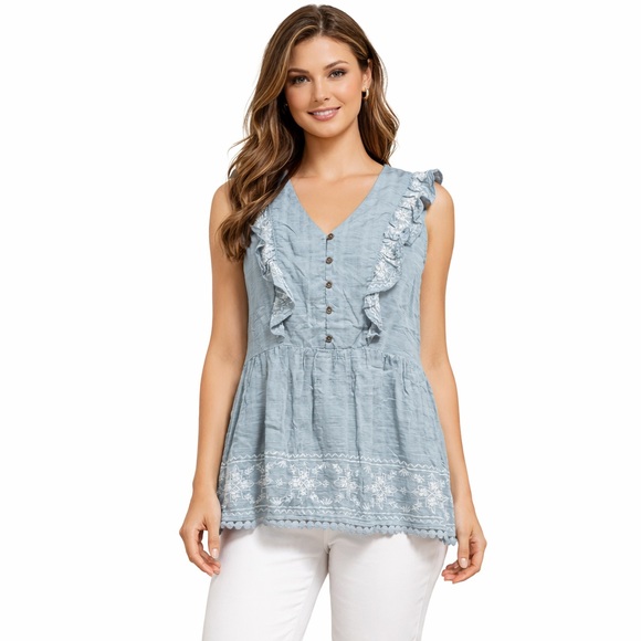 Knox Rose Tops - Knox Rose Light Blue Embroidered Ruffle Sleeveless Tunic Top Size Large Boho